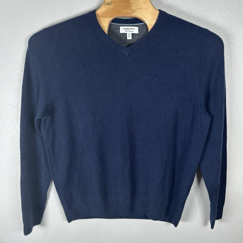 Nordstrom Shop 100% Cashmere V-Neck Sweater Mens Size XL Navy Blue Pullover